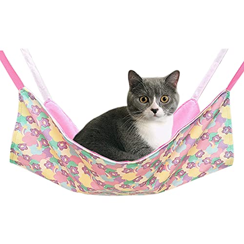 猫ハンモック 吊り下げベッド ネコ 猫用ベッド ゲージ用 キャットハンモック 小動物用ペット ねこ寝床 マット 昼寝 冬夏両用 ひも調節可能 耐荷重10KG 大きい 56cm x 46cm 通気性 日向ぼっこ 遊び場 丸洗い (ピンクの熊, ファー無しハン