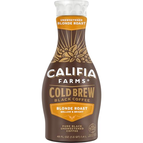 Califia Farms - Pure Black Blonde Roast Cold Brew Coffee, 48 Oz, 100% Arabica, Plant Based, Vegan, Gluten Free, Non GMO, Sugar Free, Iced Coffee