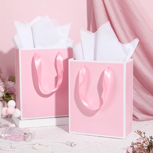 Image of Yeaqee 24 Pack Metallic Paper Gift Bags, Pink, White | with Satin Ribbon Handle and Tissue, 9x7x3.1 Inch, Suit Business, Birthday, Christmas, Thank You Return Gifts Bags