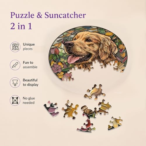 Acrylic Puzzle Suncatcher, Cute Golden Retriever Dog, Unique Acrylic Jigsaw Puzzle, Stained Glass Window Hanging, DIY Sun Catcher Puzzle Kit, Home Garden Decor Gift for Women, Mom, Men, Friends 7.4in — view 2