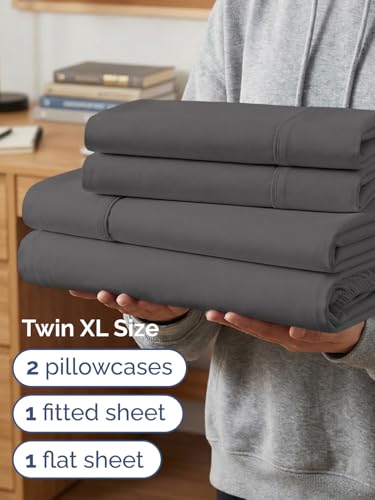Image of Extra Deep Twin XL Sheet Set - 4 Piece Breathable and Cooling Sheets - Grey | Hotel Luxury Bed Sheets Set, Easy & Secure Fit, Ultra-Soft, Wrinkle & Fade Free, Comfy Sheets Set with Extra Deep Pockets