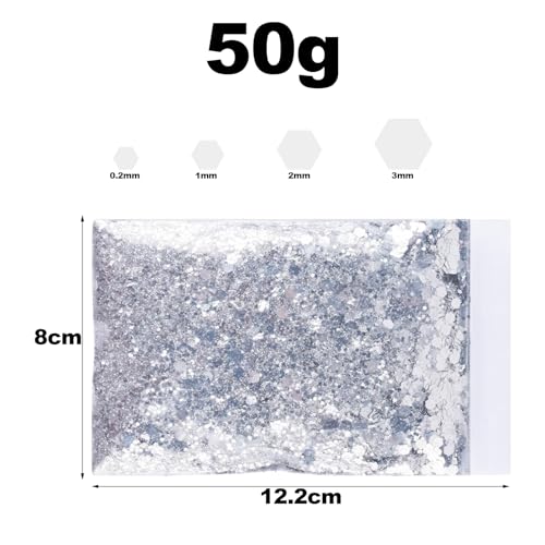 Miniatura 2 de 50g Plata Mezclada Lentejuelas Purpurina Set,Para Manualidades Navidad Decoración Cabello Ojos Rostro Y Maquillaje Festivo Con Purpurina De Larga Duración,Cuatro Tamaños 0,2 Mm,1 Mm,2 Mm,3 Mm