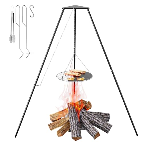 DPZM Campfire Tripod for Cooking with Circular Grate with Griddle