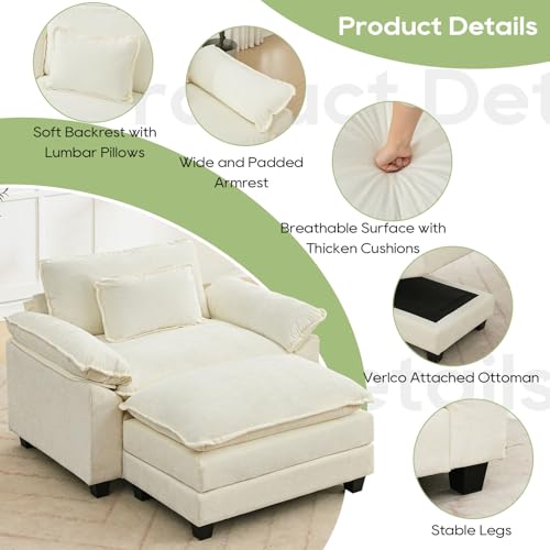 Image of Oprisen 53 inch Modular Sectional Sofa, Comfy Cloud Couch Sectional Sofa with Ottoman, Chenille Sofa Sleeper Deep Seat Sofa with Throw Pillows for Living Room (Beige White)