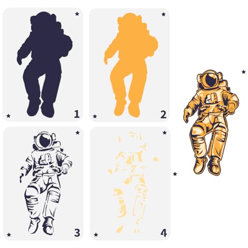 FINGERINSPIRE 4PCS Layered Astronaut Stencils for Painting 8.3x11.7inch Large Spacesuit Drawing Template Plastic PET Helmet Pattern Painting Stencil Space Theme Template for Painting on Wood Canvas