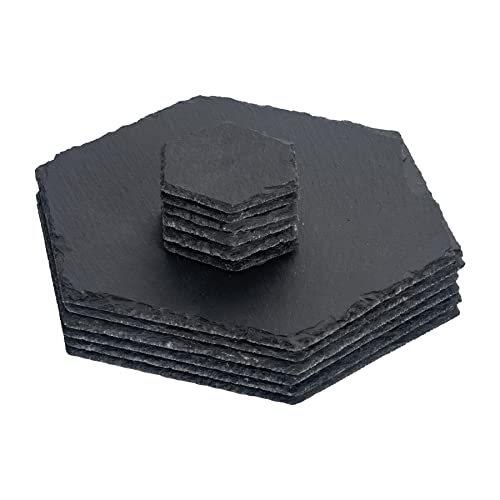 Argon Tableware 12 Piece Hexagon Slate Placemats & Coasters Set - Black Natural Stone Dinnerware Plate Placemats Drink Mats for Kitchen, Home, Bar, Restaurant, Weddings, Events