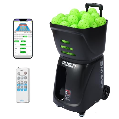PUSUN PP-Smart Pickleball Machine – 80+ Ball Capacity, 20–70 mph Speed, 1.6–6s Frequency, 65ft Max Distance, 4–6H Lithium Battery, App & Remote Control, for Beginner to Advanced Players (Black)