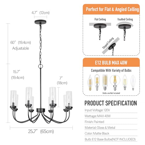 Homebelife HBL027029 8-Light Matte Black Chandelier Modern Farmhouse Linear Pendant Lighting Fixture With Clear Glass Lampshade Candle Hanging Lamp thumb #7