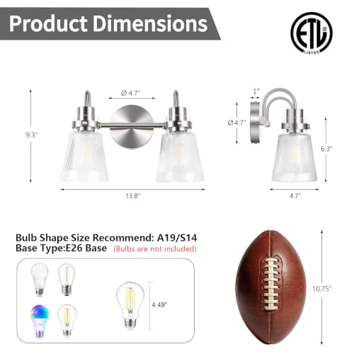Image of 2-Light Brushed Nickel Bathroom Light Fixtures 13.8 Inch Vanity Lights for Bathroom Lighting Fixtures Over Mirror with Clear Striped Glass Shade for Bedroom Hallway Cabinet Porch