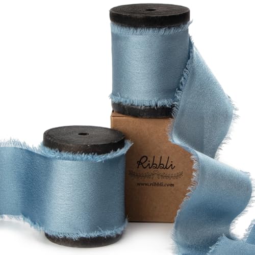 Ribbli Dusty Blue Silk Satin Ribbon 1.5 Inch x 12 Yard Handmade Frayed Chiffon Ribbon with Wooden Spool for Gift Wrapping, Wedding Invitations, Bridal Bouquets, Home Decor