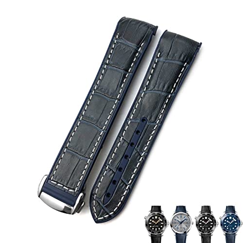 Bracelet de montre 20mm cuir caoutchouc bleu pour Omega Seamaster 300 Speedmaster