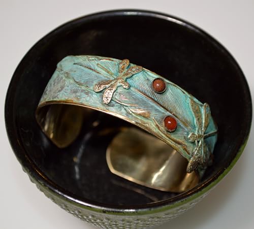 Elaine Coyne Dragonflies on Feather Wearable Art Cuff Bracelet - Semi-Precious Stones4