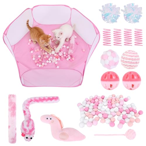 Foxtell Pink Cat Ball Pit Include 115 PCS Interactive Cat Toys for Indoor Bored Self Play Enrichment Toy for Indoor Cats Interactive Fun and Exercise