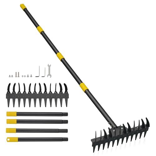Garden Rake Heavy Duty 190cm, Dual-Row Scarifying & Leaf Rake with 24 Steel Tines – Stainless Steel Head, Anti-Slip Handle, Detachable Rake for Gardening, Lawn Soil & Leaf Clearing