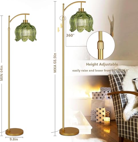 Image of QIYIZM Glass Floor Lamp for Living Room,Bedroom,Gold Dimmable Standing Lamp with Remote,Mid Century Modern Brass Tall Lamp Boho Vintage Floor Lamps Arc Green Tulip Flower Floor Light Lamp Bohemian