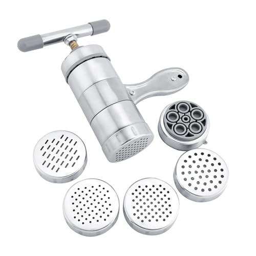 Máquina para hacer pasta de acero inoxidable, prensador manual de fideos con 5 moldes, duradero, fácil de usar, para el hogar, cocina, restaurante, cocina, plata, 17,5x13x6cm, 668g