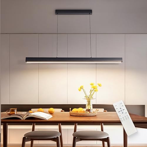 FANLG LED Lampara de techo colgante,80CM Lampara Colgante Cocina Negro Regulable con Control Remoto,36W Lampara Comedor lineal Iluminación Colgante regulable altura para Comedor Cocina Oficina