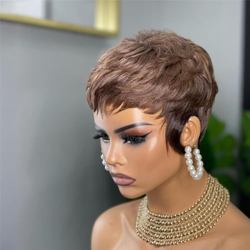 Perruque courte en cheveux humains brun chocolat dégradé coupe Pixie