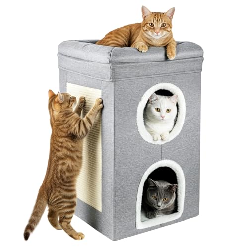 3-Tier Cat House for Indoor Cats with Cushions & Scratching Board – Foldable dog Condo Cube with Soft Double-Sided dog Bed, Stable Multi-Level pet Hideaway