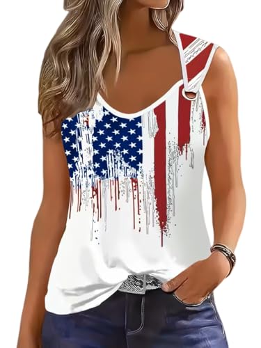 O Ring Patriotic Tank Tops Women 4th of July American Flag Cami USA Graphic Vest Cute Memorial Tops Party Tee(A-White01,X-Large)