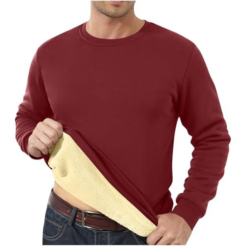Men Fleece Lined Shirts Fall Premium Heavyweight Long Underwear Shirt Men Blue Base Layer Long Sleeve Round Neck Thermal Undershirt Reds S