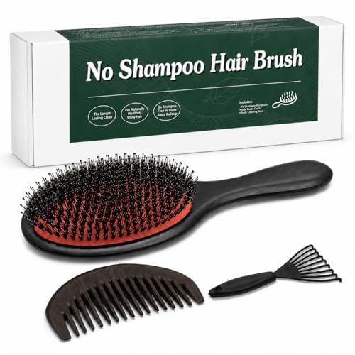 No Shampoo Hair Brush with Wide Tooth Comb Boar Bristle Hair Brush Set Detangler Brush Dry and Wet Detangling Gently Enhances Shine