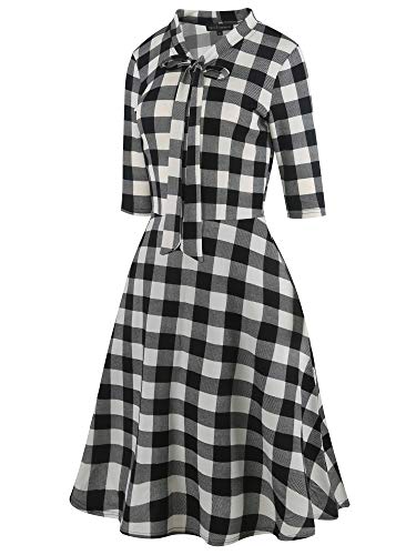 Oxiuly Women's Vintage Bow Tie V-Neck Pockets Casual Work Party Cocktail Swing A-Line Dresses Ox278 (Xxl, Wfu-Plaid 5) #TOP2