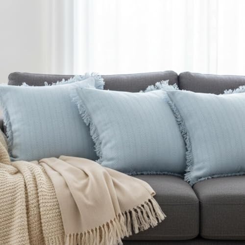 Image of Cotton Cushion Covers 16x16 Inch | Handwoven Light Blue Decorative Square Cushion Case with Fringe | Sofa, Living Room, Bedroom, Diwan Home Decor Throw Cushion Cover