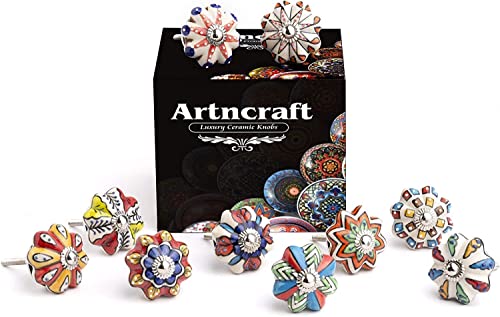 Artncraft Set Vintage Color Multi Designed Ceramic Cupboard Cabinet Door Knobs Drawer Pulls & Chrome Hardware (Multi Color 10) #TOP2