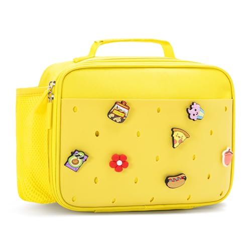 Uxeqtop Kids Insulated Lunch Bag with 10 Charms Customizable Lunch Box Reusable Lunch Tote for Boys Girls School Picnic Travel (Yellow)