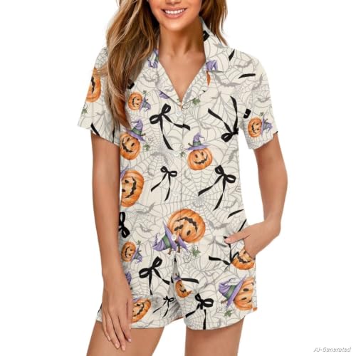 Image of Renewold Women's Short Sleeve Pajama Set Button Down Sleepwear with Notch Collar Soft Lounge Top and Shorts with Pockets