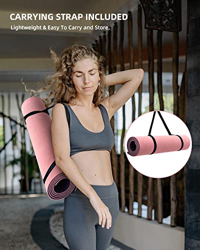 Yoga Mat For Women And Men, Premium 6Mm Thick Double-Sided Non Slip Exercise & Fitness Mat, Eco Friendly Tpe Workout Mat For Yoga, Pilates And Floor Exercises With Carrying Strap (Pink) #TOP5