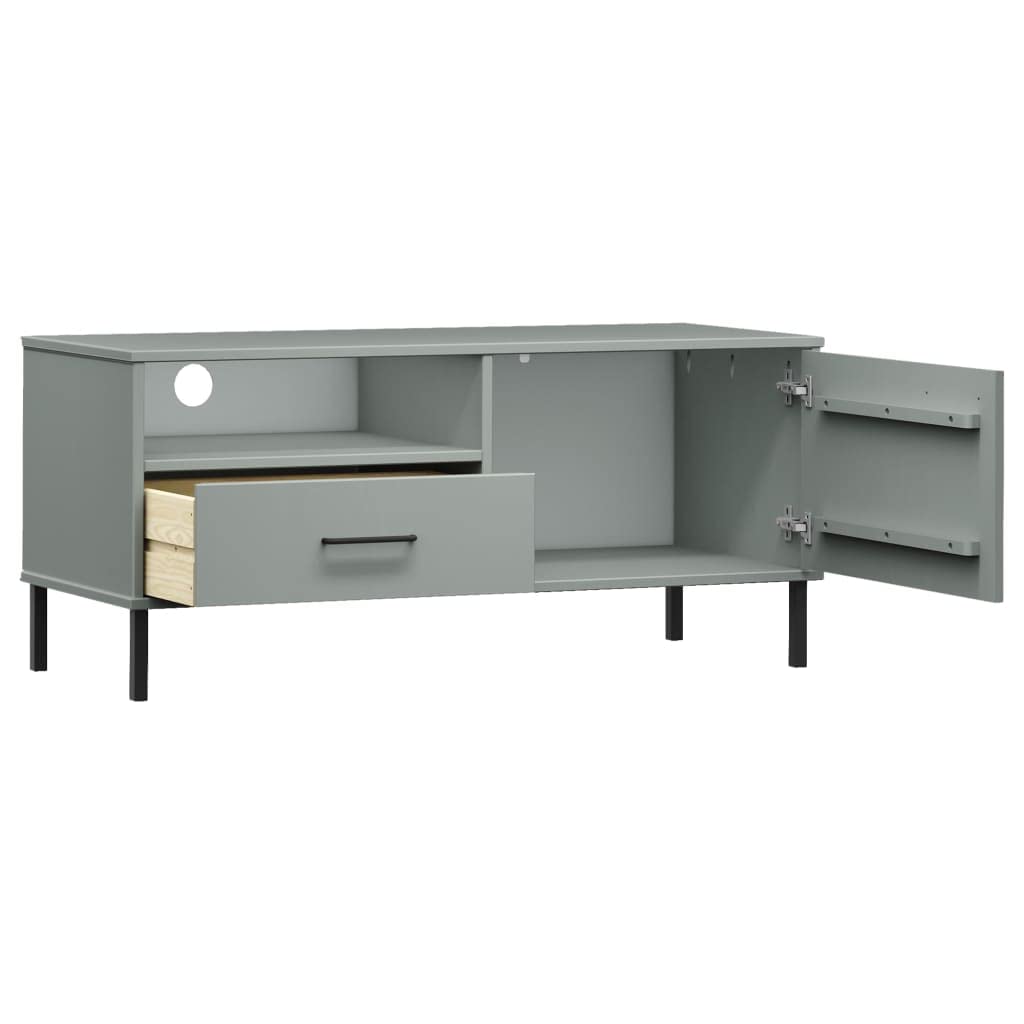 Oslo - Mobile TV grigio con gambe in metallo in legno di pino massiccio, 106 x 40 x 46,5 cm, con 1 cassetto, porta, spazio per soggiorno, credenza