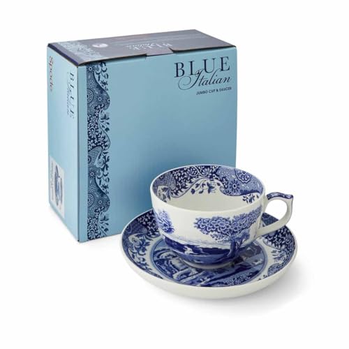Portmeirion Spode Blue Italian Teacup and Saucer, 20-ounce Capacity, Jumbo Tea Set, Coffee Mug, Cup for Tea, Lattes, Espressos, and Hot Beverages - Blue & White - Thumbnail 5