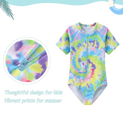 Image of Girls One Piece Rash Guard Swimsuits for Girl Short Sleeve Bathing Suits with Front Zipper Sun Protection Swimwear 3-16 Years