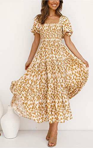 PRETTYGARDEN Women's Boho Floral Print Summer Dresses Square Neck Puff Sleeve A Line Long Dress Smocked Casual Maxi Dress4