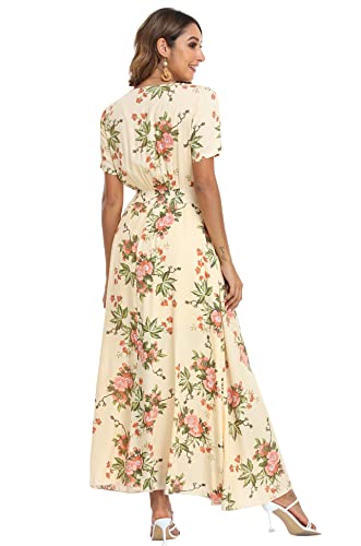 Image of VintageClothing Women's Floral Maxi Dresses Boho Button Up Split Summer Casual Long Dress Beach Party Dress