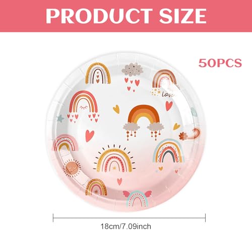 Homirty 50 Pack Party Paper Plates, 7 Inch Party Supplies Plates, Rainbow Party Plates, Paper Dishes Party, Party Dinnerware - Image 2