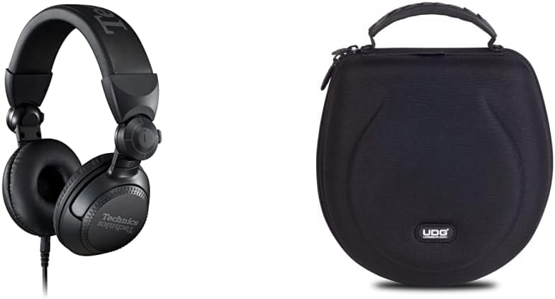 Technics EAH-DJ1200EK Over Ear Professional DJ Wired Headphones, 270° Swivel Housing and Locking Detachable Cord with Lightweight - Black & UDG Creator Headphone Case Large Black U8200BL