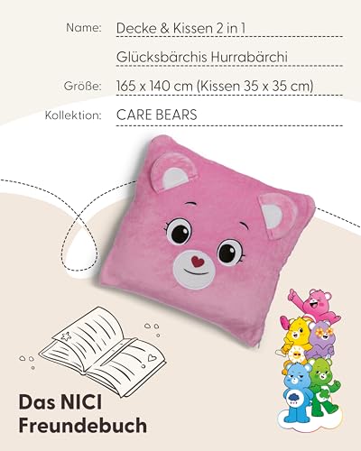 NICI Kuscheldecke & Kuschelkissen 2in1 Glücksbärchis Hurrabärchi 165x140cm (Kissen 35x35cm) - pink - Flauschiges Reisekissen aus weichem Coral-Fleece für Kinder und Erwachsene - 62816