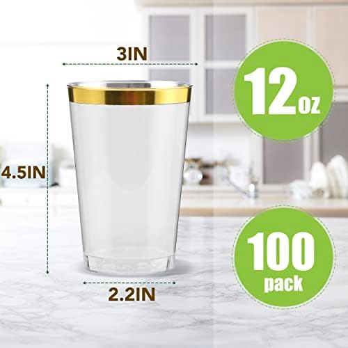 YOUTHSHIP 100 Pcs Plastic Cups 12 Ounce Gold Rimmed Disposable Cups Elegant Design Cups Heavy Duty Cups For Wedding Party Birthday Picnic Baby Shower Cups
