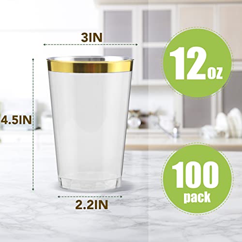 YOUTHSHIP 100 Pcs Plastic Cups 12 Ounce Gold Rimmed Disposable Cups Elegant Design Cups Heavy Duty Cups For Wedding Party Birthday Picnic Baby Shower Cups