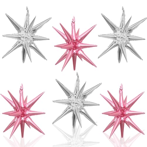 6 Pcs Silver Star Foil Balloons One-Piece 14-Pointed Star Balloon 4D Starburst Cone Mylar Balloon 22inch Christmas Birthday Wedding Wedding Anniversary Party Supplies (Silver + Pink)