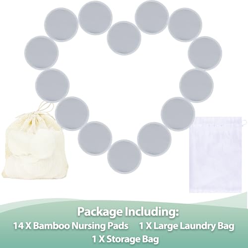 Image of wegreeco Nursing Breast Pads (14 Pack) + Laundry Bag & Travel Storage Bag, 4.7 inch Option - Washable & Reusable Breastfeeding Nursing Pads (Grey, Large, Plain Shape)