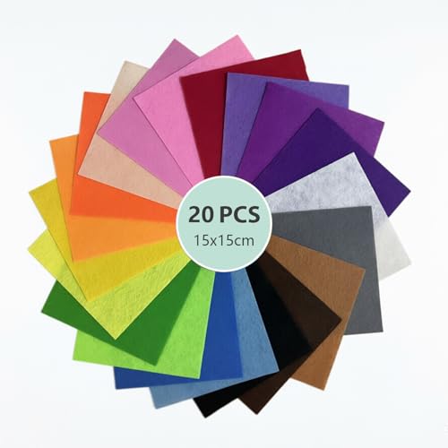 Miss Pen 20 Pcs Felt Fabric Sheets in Assorted Colored Soft Thick Fabric for Crafts DIY Handcraft Sewing Squares Patchwork Nonwoven 15 x 15cm