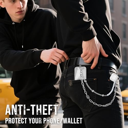 Image of ROCONTRIP Anti-Theft Phone Lanyard Tether & Pants Chain Heavy-Duty Phone Strap With Metal Tether Tab (White Silver)