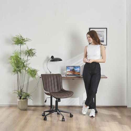 Image of YOUNIKE Brown Ergonomic Home Office Desk Chair with Wheels Comfy Armless Vanity Chair with Back Modern Leather Upholstered Rolling Task Chair Small Cute Computer Drafting Chair Wide Swivel Adjustable