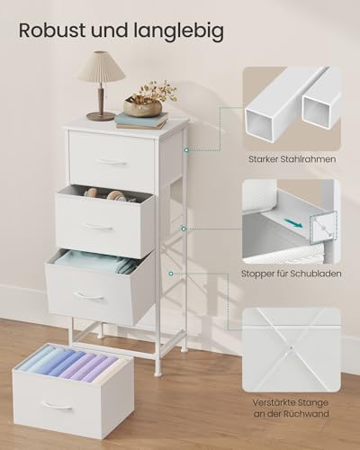 SONGMICS Kommode, Schrank, 4 Stoffschubladen, Aufbewahrungsschrank, Stahl, MDF, Vliesstoff, für Schlafzimmer, Flur, Wohnzimmer, wolkenweiß-schneeweiß LGS314WH01