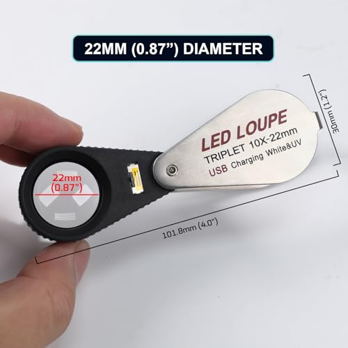 10X Jewelers Loupe with LED & UV Light, Rechargeable Foldable Magnifier, 22mm Glass Lens for Inspecting Jewelry, Gems, Coins, Stamps, Watch Repair Loop by DANOPLUS - Image 7