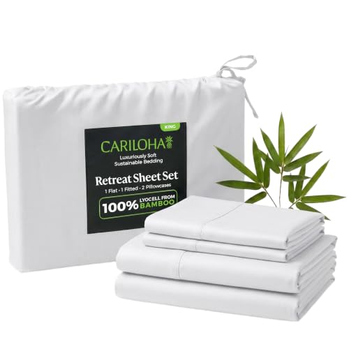 Cariloha Retreat 4-Piece Sateen Sheet Set | White | King | Lyocell Material | Breathable, Corner Straps, Extra Soft & Cooling